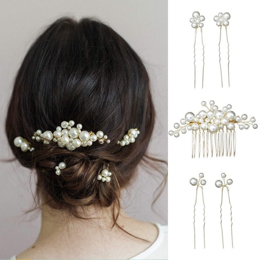 5PCS Pearl Hair Comb for Wedding Pearls Hair Clips Bridal Pearl Bobby Pins Set Gold Bridesmaid Hair Accessories for Women and Brides
