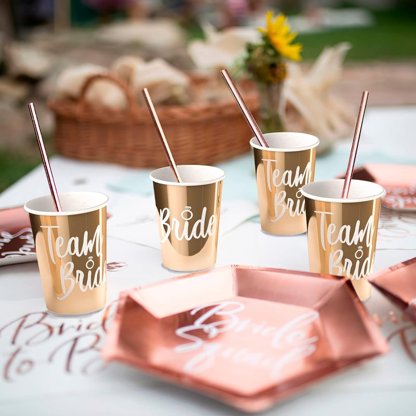 Team Bride Bachelorette Party Cups – 15 Pack Rose Gold Foil Bride & Bridesmaid Cups – 12oz Disposable Bridal Shower & Bachelorette Decorations
