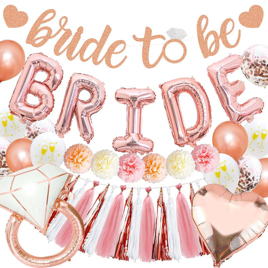 Bachelorette Party Decorations – Rose Gold Bridal Shower Set with Bride Balloons, Ring, Hearts, Banner, Tassels & Pompoms | Bride to Be Party Supplies