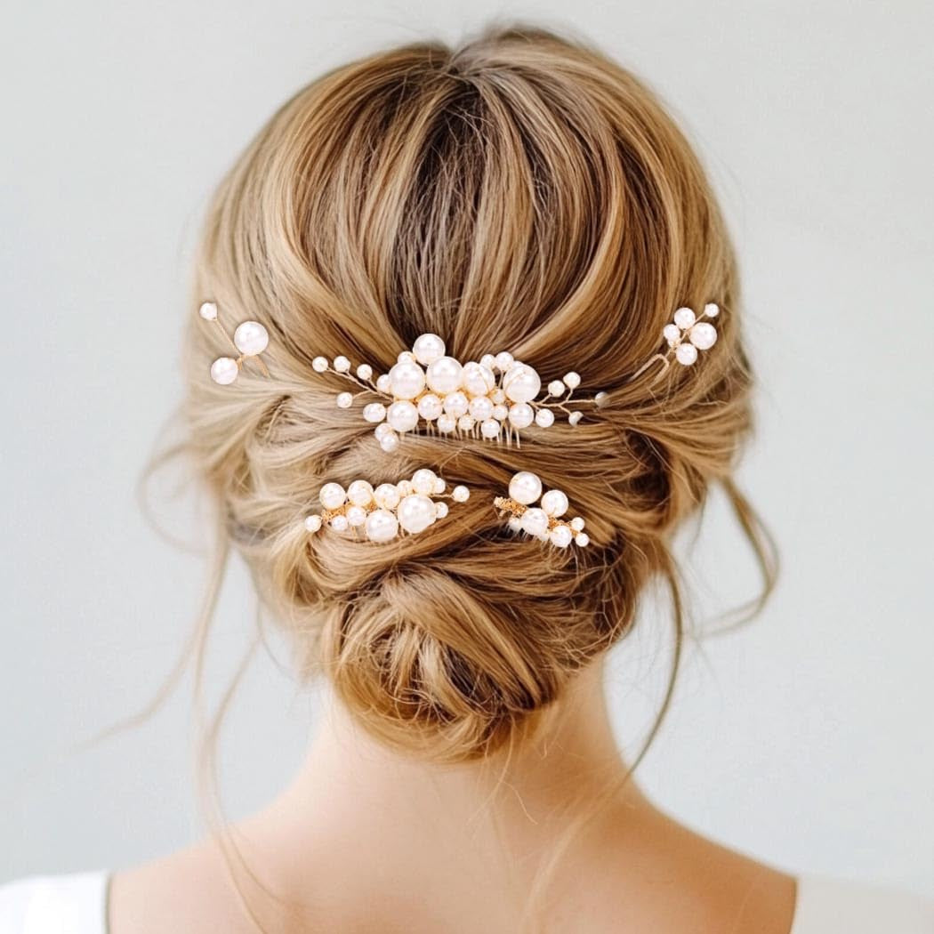 5PCS Pearl Hair Comb for Wedding Pearls Hair Clips Bridal Pearl Bobby Pins Set Gold Bridesmaid Hair Accessories for Women and Brides