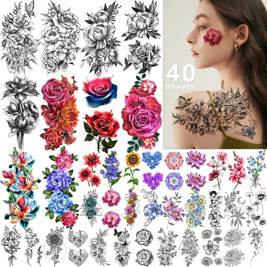 Floral Ink Tattoo Set – 40 Sheets of Rose Temporary Tattoos for Women & Girls