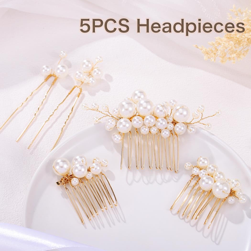 5PCS Pearl Hair Comb for Wedding Pearls Hair Clips Bridal Pearl Bobby Pins Set Gold Bridesmaid Hair Accessories for Women and Brides