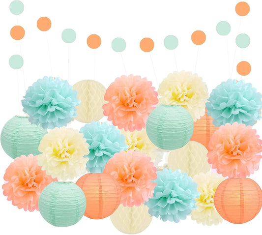 22-Piece Tissue Paper Pom Poms Party Set - Mint, Ivory & Peach | Includes 12 Pom Poms, 6 Paper Lanterns, 3 Honeycomb Balls & 1 6.5 Ft. Garland | for Birthdays, Bridal or Baby Showers & More