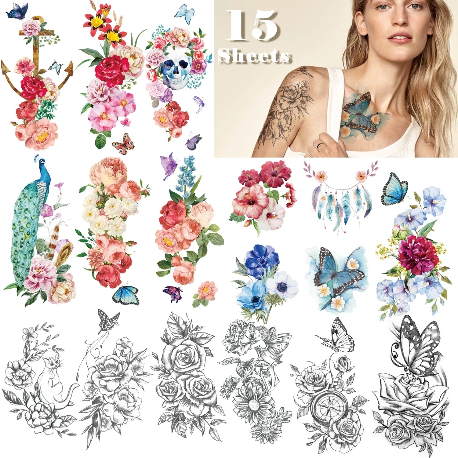 Peacock Bloom Tattoo Set – 15 Sheets of Waterproof Floral Temporary Tattoos for Women & Girls