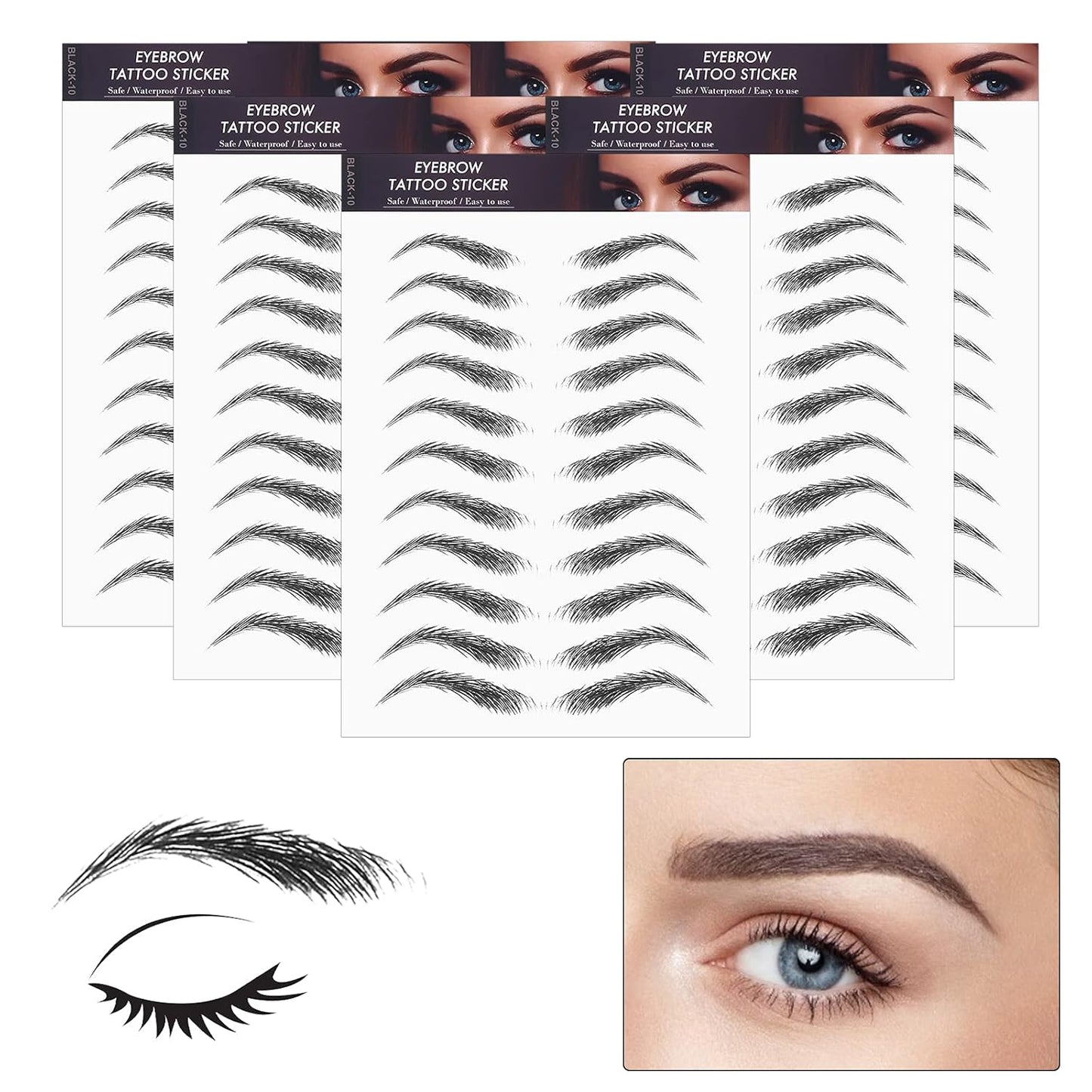 4D Eyebrow Tattoo Stickers – 6 Sheets, 66 Hair-Like Pairs (Black) – Waterproof, Long-Lasting, Natural Look
