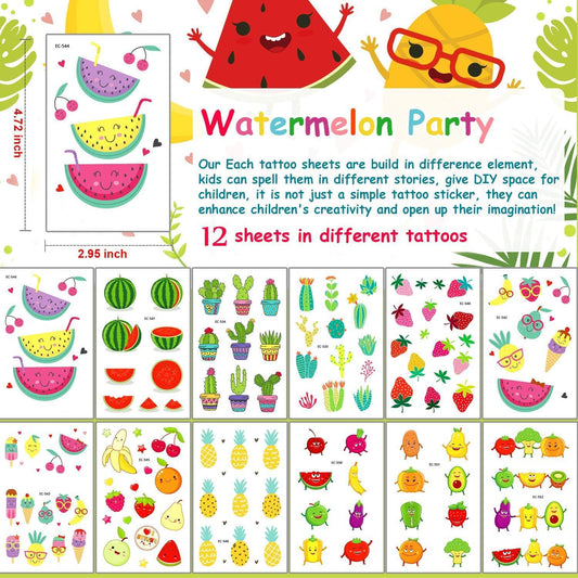 110 Pcs Temporary Tattoos for Kids, Fruity Mexican Fiesta Cactus Watermelon Party Supplies Favors Decorations Accessories, Waterproof Fake Kids Tattoos Stickers for Girls Boys Kids Color-A