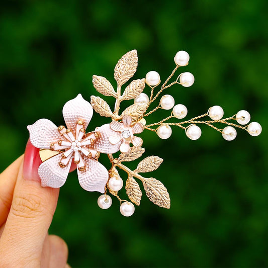 Bridal Flower Hair Clip Pearl Wedding Hair Piece Gold Bride Leaf Barrettes Bridal Hair Accessories for Women and Brides