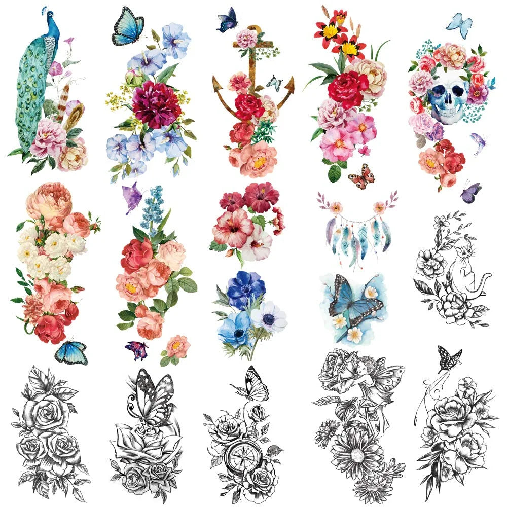 Peacock Bloom Tattoo Set – 15 Sheets of Waterproof Floral Temporary Tattoos for Women & Girls