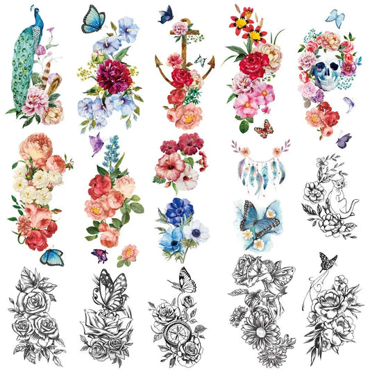 Peacock Bloom Tattoo Set – 15 Sheets of Waterproof Floral Temporary Tattoos for Women & Girls