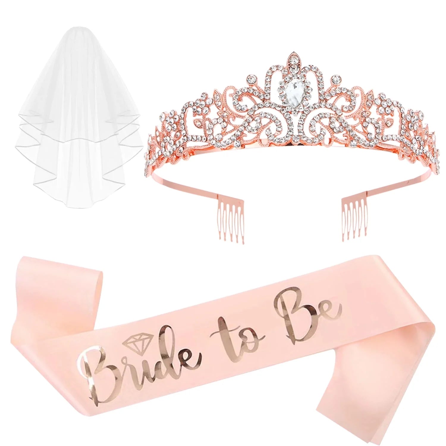 3-Piece Bride to Be Bachelorette Party Set – Rose Gold Tiara, Sash & Veil – Bridal Shower Decorations & Gifts