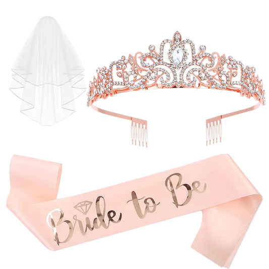 3-Piece Bride to Be Bachelorette Party Set – Rose Gold Tiara, Sash & Veil – Bridal Shower Decorations & Gifts