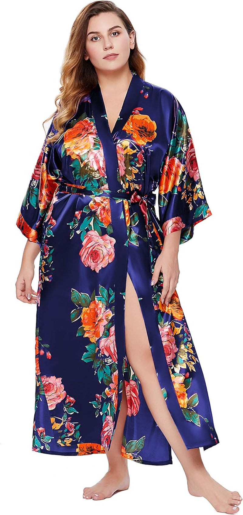 Women'S Kimono Robe Long Satin Silky Floral Lightweight Bridesmaid Wedding Bachelorette Party Robe