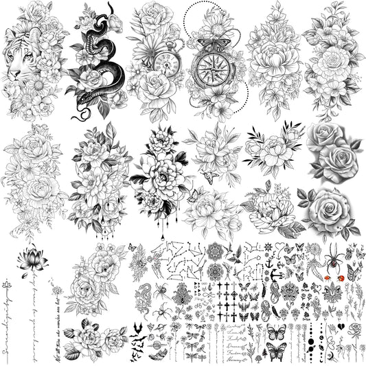 49 Sheets Flower Temporary Tattoos Sticker Large Sexy Flowers Butterfly Snake Waterproof Half Arm Fake Tattoo Sticker