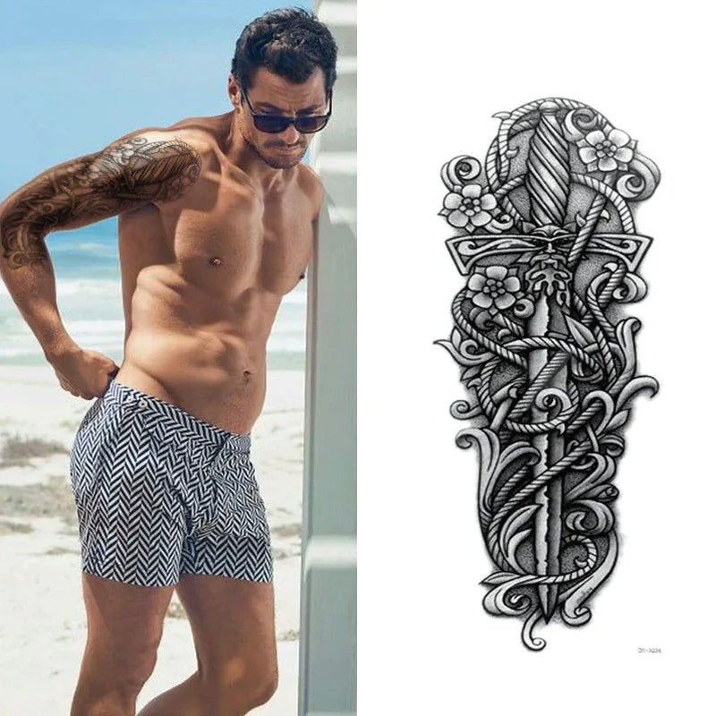 5-Piece Large Temporary Tattoo Sleeves – Waterproof, Full Arm Body Art for Men & Women | Skulls, Roosters & Swords