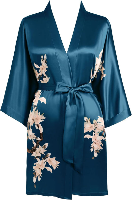Kimono Robe Cover up Short Satin Floral Silky Kimono Blouse Loose Bachelorette Party Robe