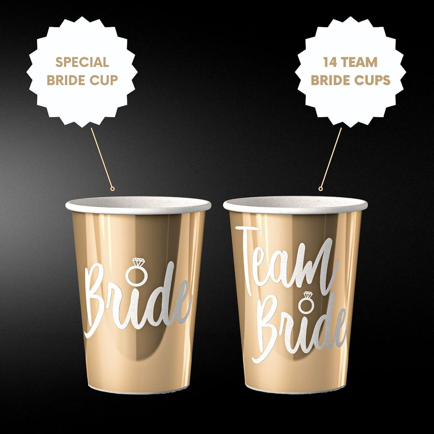 Team Bride Bachelorette Party Cups – 15 Pack Rose Gold Foil Bride & Bridesmaid Cups – 12oz Disposable Bridal Shower & Bachelorette Decorations