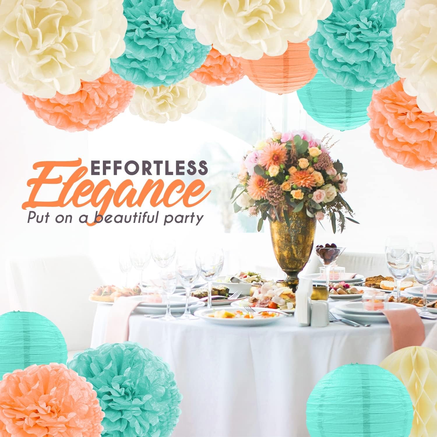 22-Piece Tissue Paper Pom Poms Party Set - Mint, Ivory & Peach | Includes 12 Pom Poms, 6 Paper Lanterns, 3 Honeycomb Balls & 1 6.5 Ft. Garland | for Birthdays, Bridal or Baby Showers & More