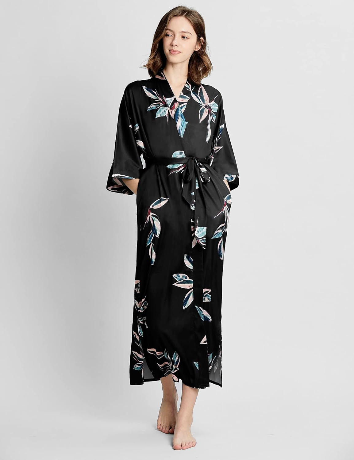 Satin Kimono Robe – Long Silky Cover-Up with Belt & Pockets | Bridal, Bachelorette & Party Robe (One Size)