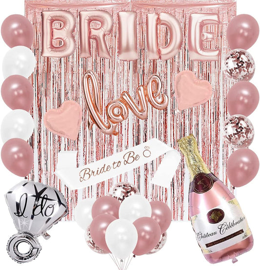 28-Piece Rose Gold Bachelorette Party Decorations Kit – Balloons, Sash, Foil Curtain & More for Bridal Shower & Engagement