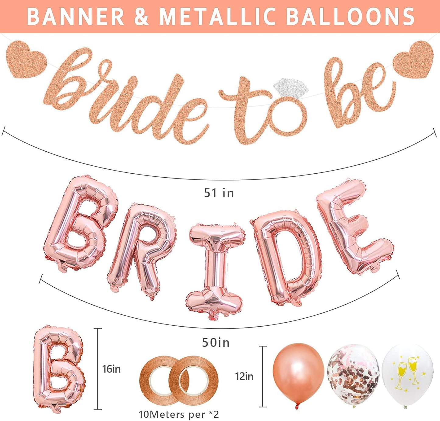 Bachelorette Party Decorations – Rose Gold Bridal Shower Set with Bride Balloons, Ring, Hearts, Banner, Tassels & Pompoms | Bride to Be Party Supplies