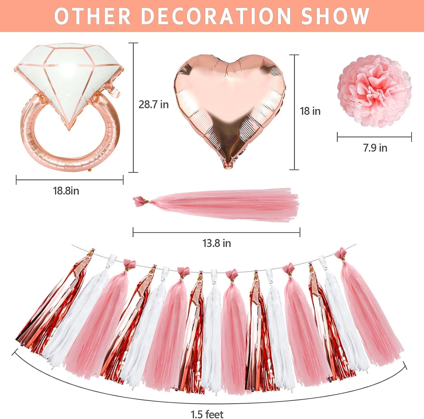Bachelorette Party Decorations – Rose Gold Bridal Shower Set with Bride Balloons, Ring, Hearts, Banner, Tassels & Pompoms | Bride to Be Party Supplies