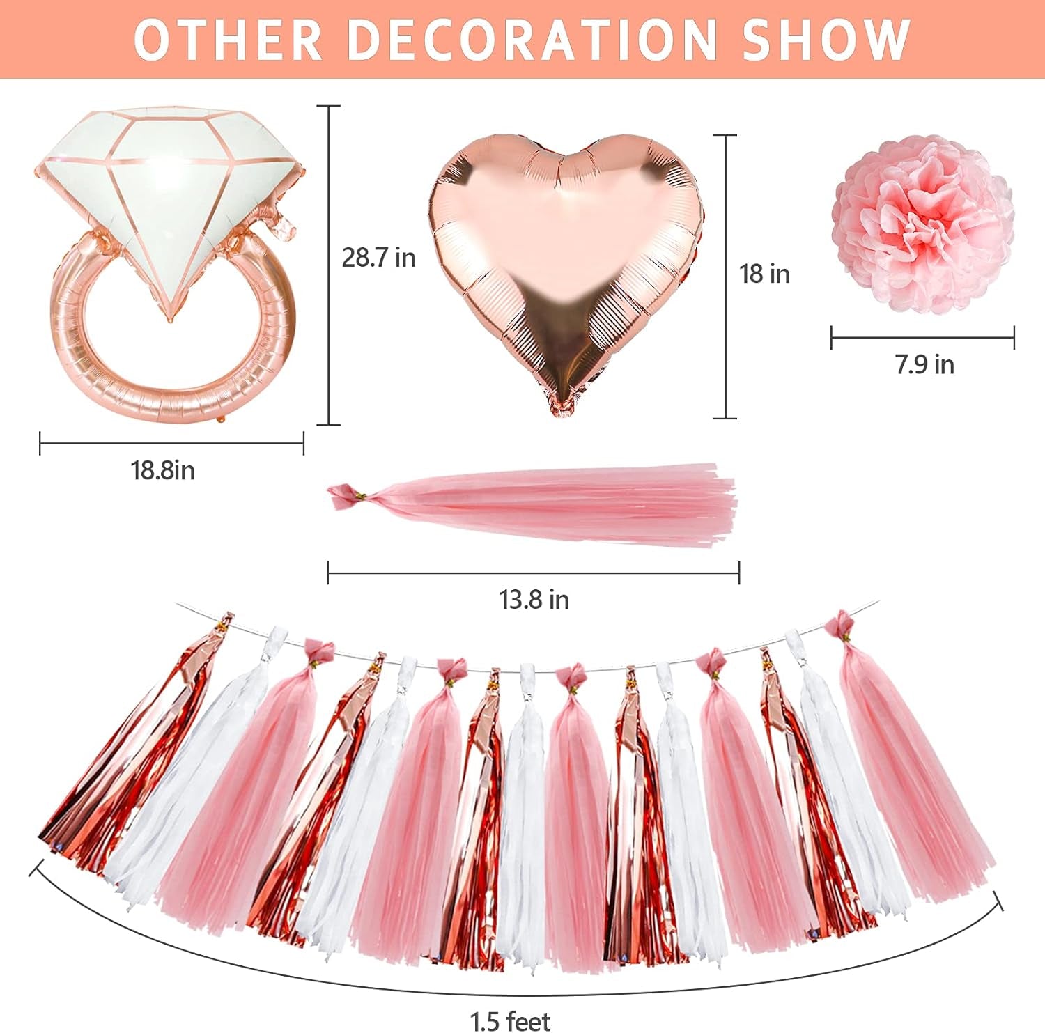 Bachelorette Party Decorations – Rose Gold Bridal Shower Set with Bride Balloons, Ring, Hearts, Banner, Tassels & Pompoms | Bride to Be Party Supplies