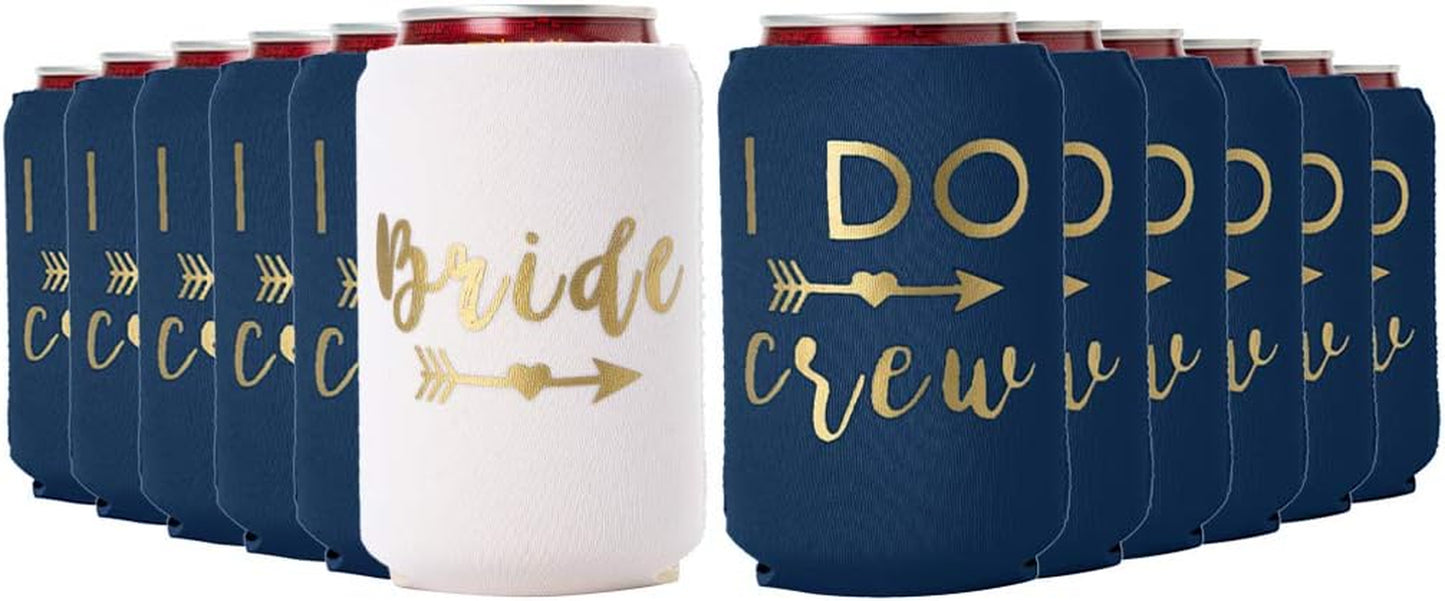 I Do Crew & Bride Bachelorette Can Coolers – 12-Pack Neoprene Beer Sleeves for Bridal Shower, Engagement, Party Favors (Navy Blue, Regular)
