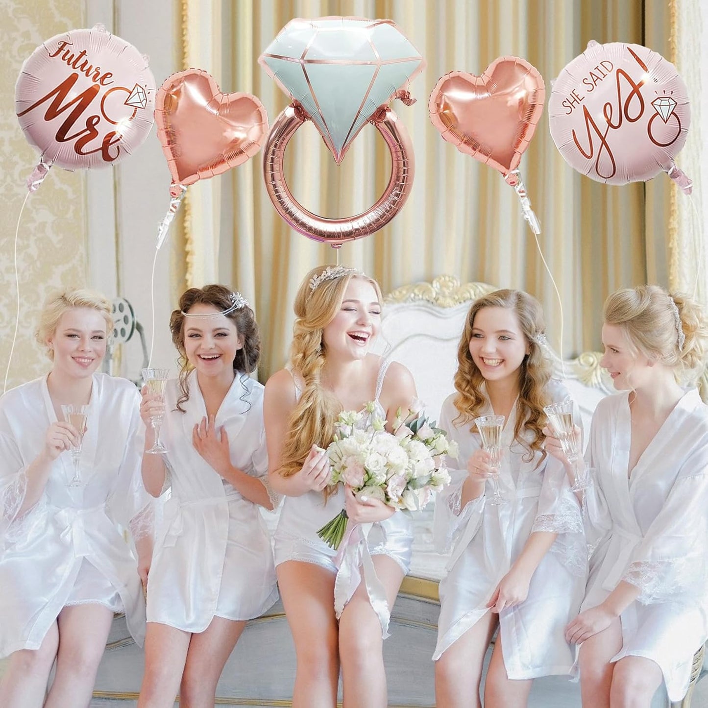 Rose Gold Ring Balloon Set – Diamond Ring, Hearts & “She Said Yes” Balloons for Bachelorette, Engagement & Bridal Shower Party Decor