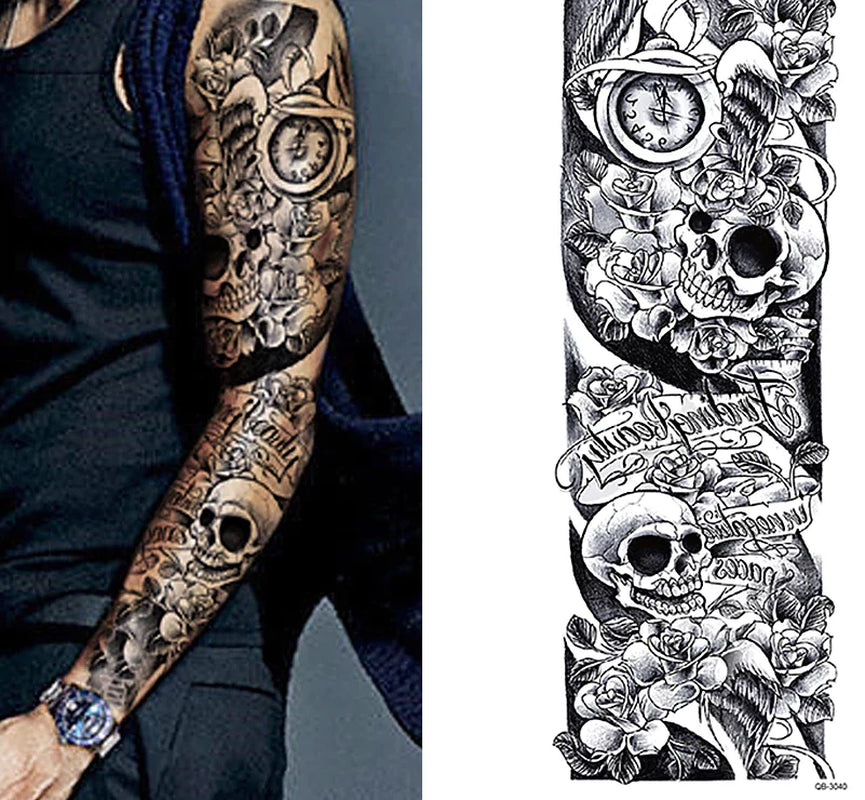 5-Piece Large Temporary Tattoo Sleeves – Waterproof, Full Arm Body Art for Men & Women | Skulls, Roosters & Swords