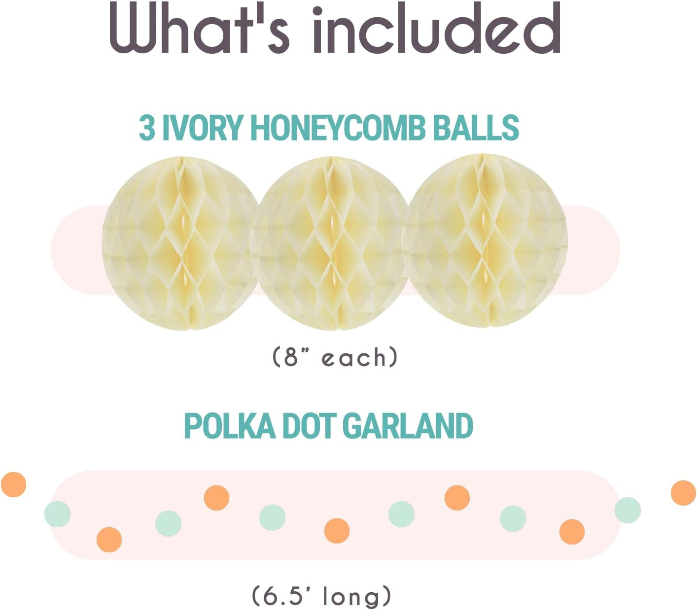 22-Piece Tissue Paper Pom Poms Party Set - Mint, Ivory & Peach | Includes 12 Pom Poms, 6 Paper Lanterns, 3 Honeycomb Balls & 1 6.5 Ft. Garland | for Birthdays, Bridal or Baby Showers & More