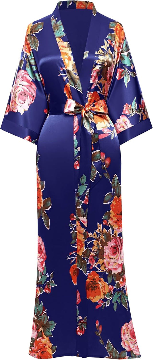 Women'S Kimono Robe Long Satin Silky Floral Lightweight Bridesmaid Wedding Bachelorette Party Robe
