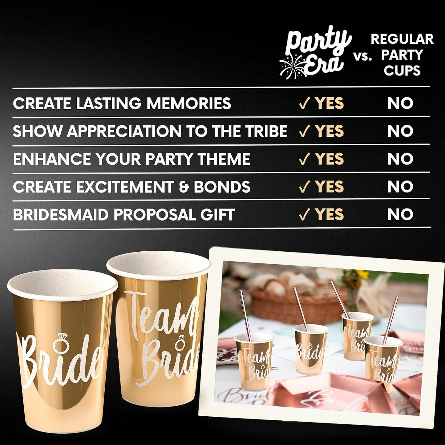 Team Bride Bachelorette Party Cups – 15 Pack Rose Gold Foil Bride & Bridesmaid Cups – 12oz Disposable Bridal Shower & Bachelorette Decorations
