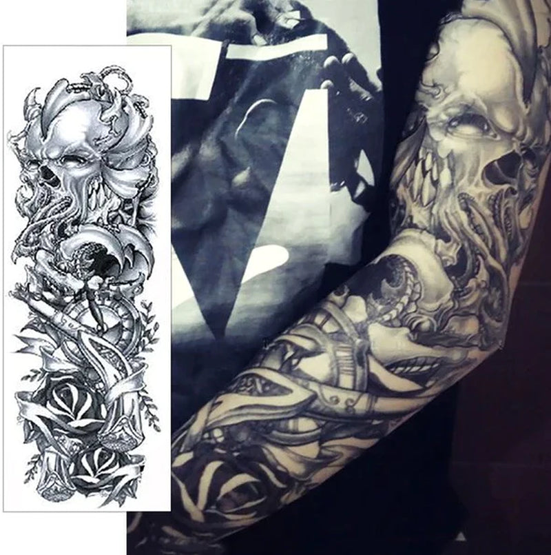 5-Piece Large Temporary Tattoo Sleeves – Waterproof, Full Arm Body Art for Men & Women | Skulls, Roosters & Swords