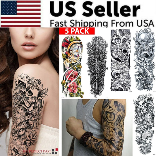 5-Piece Large Temporary Tattoo Sleeves – Waterproof, Full Arm Body Art for Men & Women | Skulls, Roosters & Swords