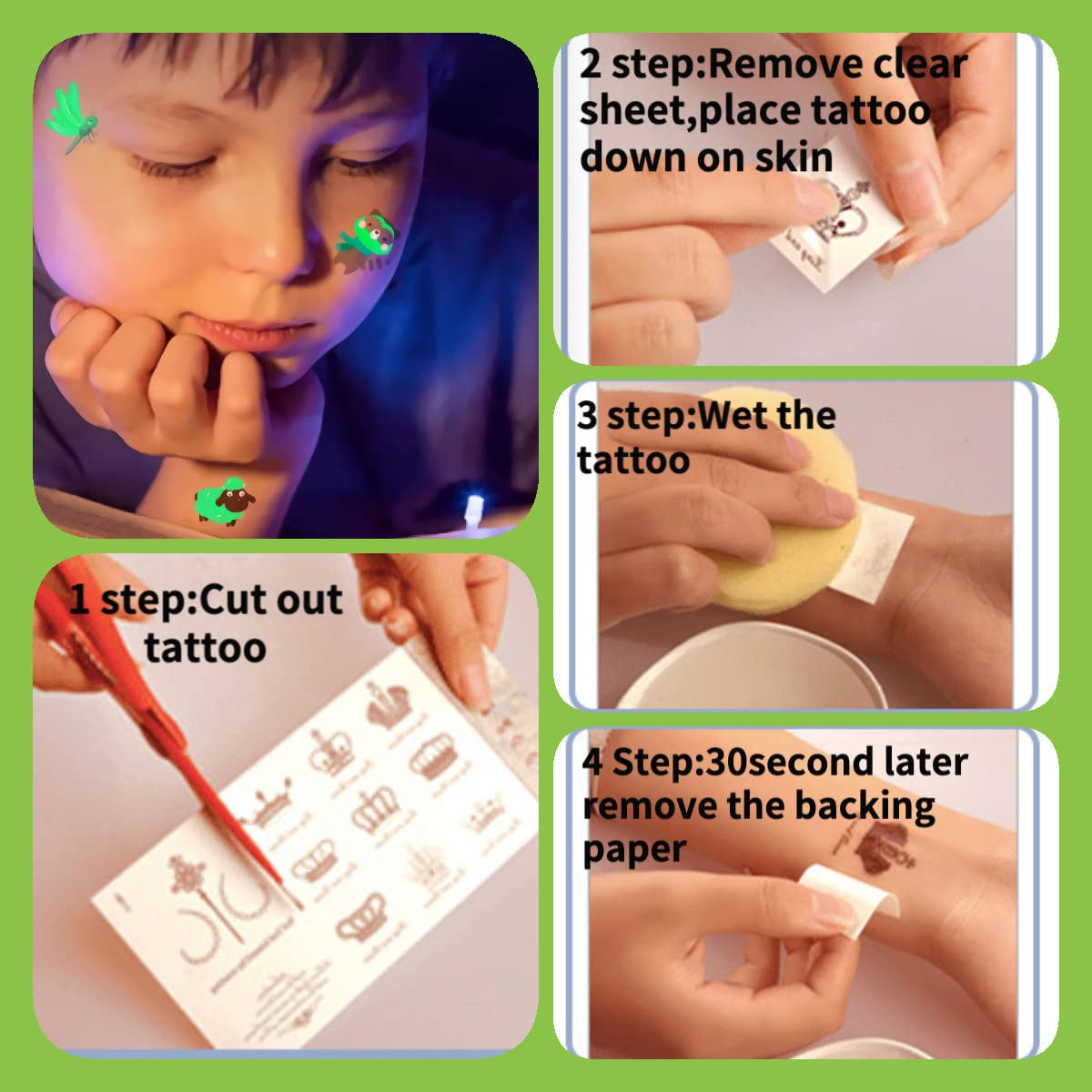 400 Pieces Luminous Temporary Tattoos for Kids ,Waterproof Fake Tattoo Glow in the Dark with Mixed Style Cartoon Tattoos, Butterfly Animal Unicorn Dinosaur Pirate Space Mermaid for Boys and Girls, Birthday Party Decorations Supplies,30 Sheets (Green Glow)