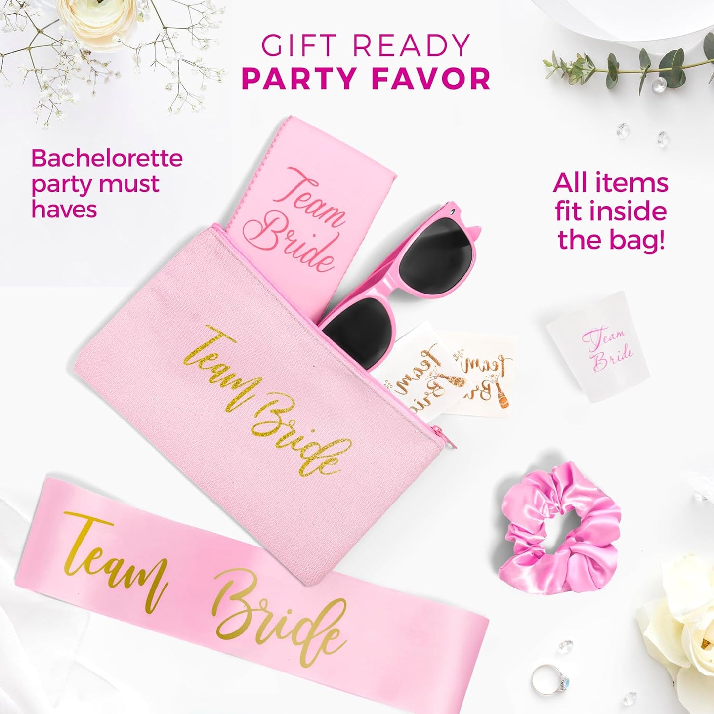 56-Piece Bachelorette Party Favors Kit – Bride & Bridesmaid Gifts | Pink Team Bride Accessories Set (7 Pack)