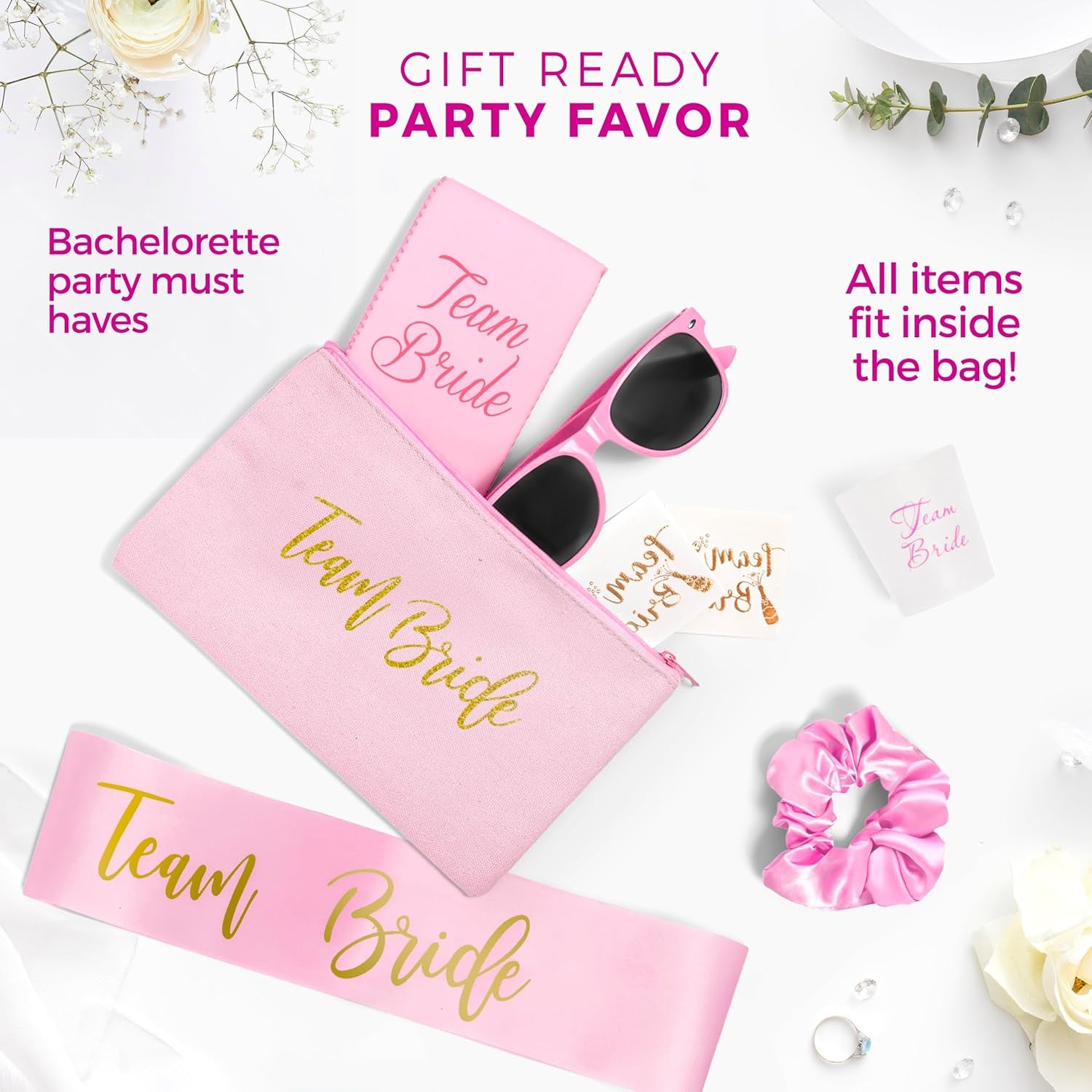 56-Piece Bachelorette Party Favors Kit – Bride & Bridesmaid Gifts | Pink Team Bride Accessories Set (7 Pack)