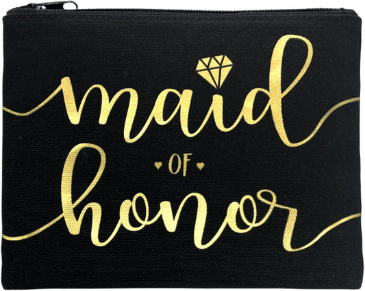 Bride Tribe Makeup Bags - Bridesmaid Favor for Bachelorette Party, Bridal Shower, Wedding. Cosmetic Toiletry Bag, Wedding Survival Kit, Hangover Kit, Keepsake (1Pc Maid of Honor, Black & Gold)