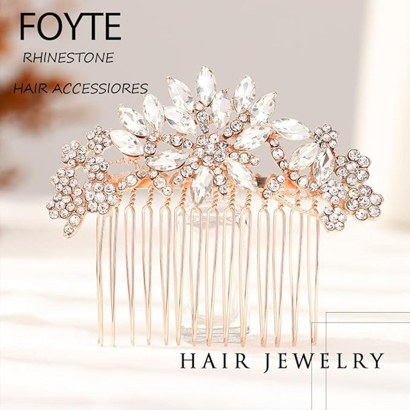 Crystal Wedding Hair Comb Flower Rhinestone Hair Accessories Gold Bridal Headpiece for Women and Brides