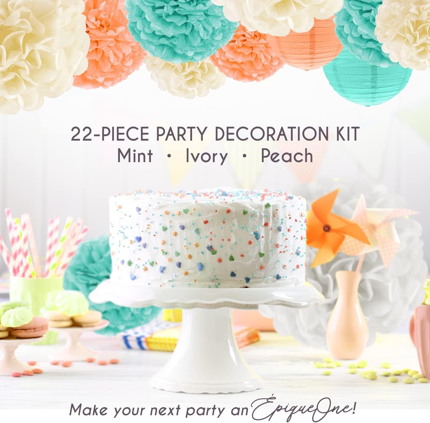 22-Piece Tissue Paper Pom Poms Party Set - Mint, Ivory & Peach | Includes 12 Pom Poms, 6 Paper Lanterns, 3 Honeycomb Balls & 1 6.5 Ft. Garland | for Birthdays, Bridal or Baby Showers & More