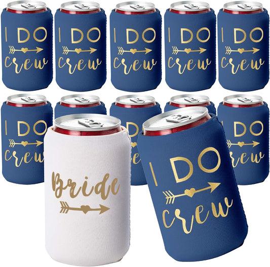 I Do Crew & Bride Bachelorette Can Coolers – 12-Pack Neoprene Beer Sleeves for Bridal Shower, Engagement, Party Favors (Navy Blue, Regular)