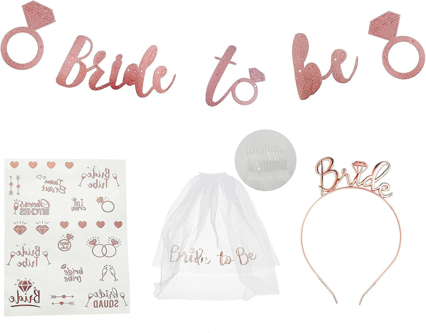 Bride to Be Set – 5-Piece Bachelorette Party Supplies & Bridal Shower Accessories | Sash, Veil, Tiara, Banner, and Tattoos (White Sash)
